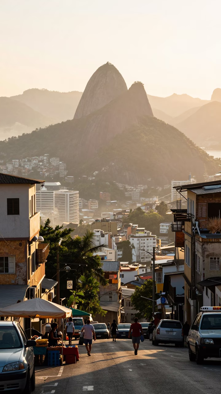 Rio de Janeiro Dawn Street Scene with Vendors and Favela Hills in in Rio de Janeiro, Brazil
