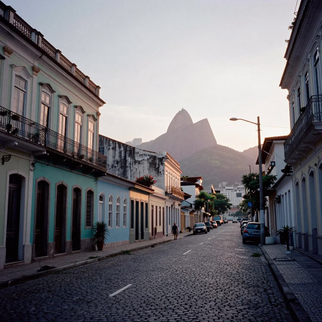 Rio de Janeiro Dawn Street Scene with Vintage 1950s Architecture and Local Life in in Rio de Janeiro, Brazil