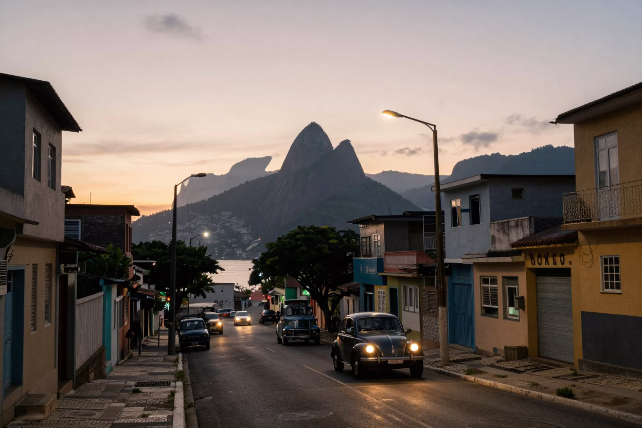 Rio de Janeiro Dawn Street Scene with Vintage Car and Favela Hills in in Rio de Janeiro, Brazil