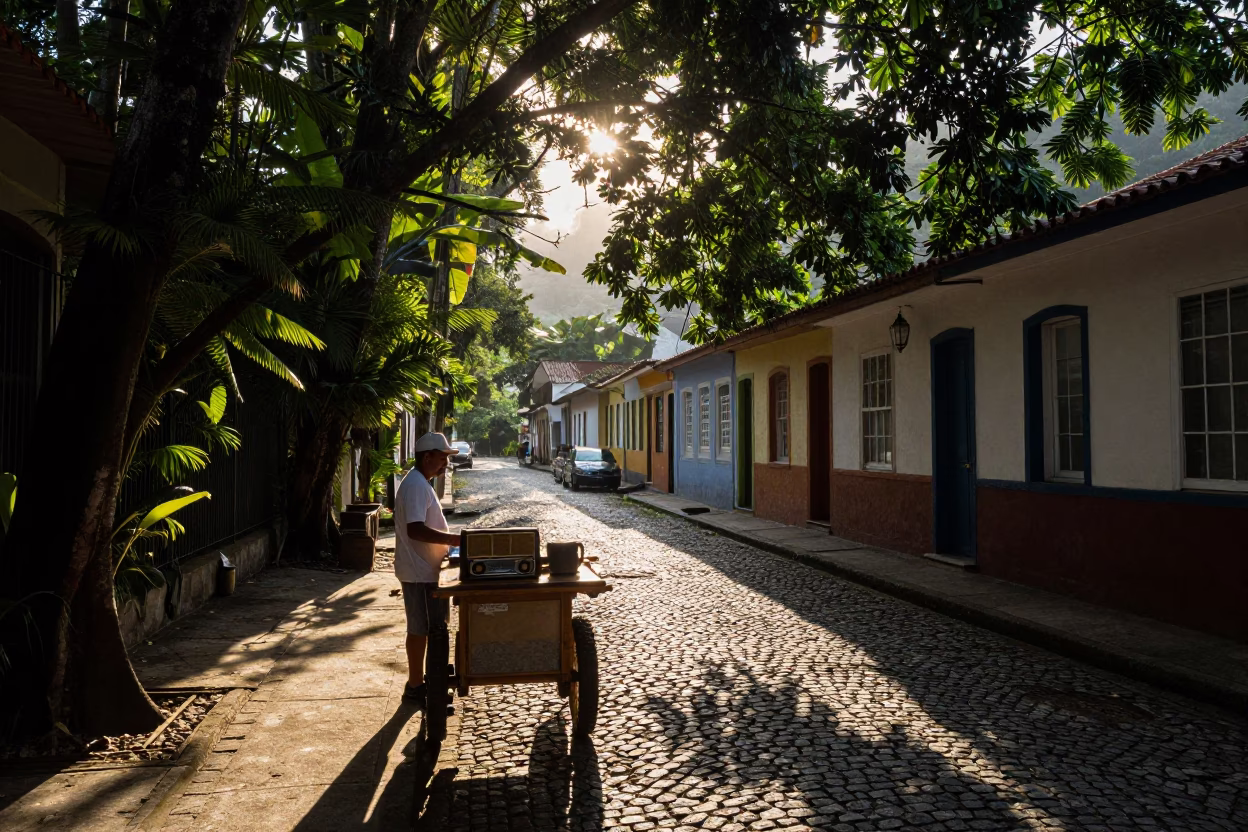 Rio de Janeiro Dawn Street Scene with Vintage Radio and Coffee Cherry Branch in in Rio de Janeiro, Brazil