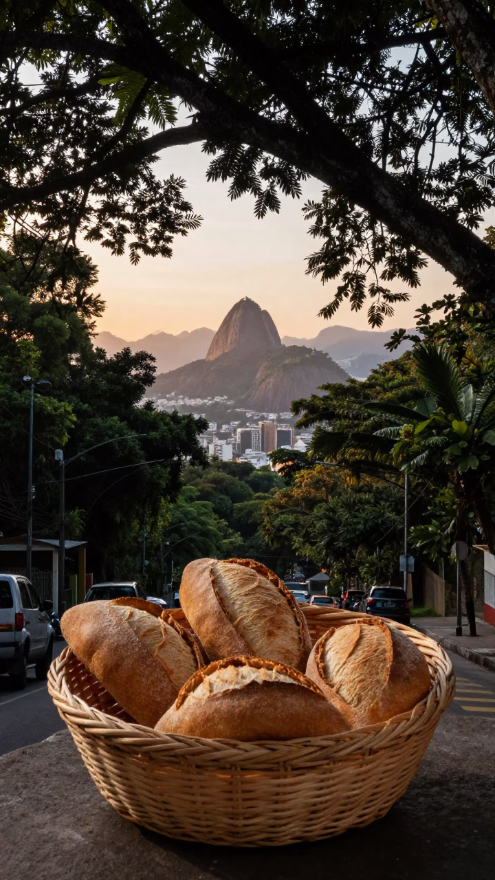 Rio de Janeiro Dawn Street Scene with Woven Bread Basket and Local Morning Interaction in in Rio de Janeiro, Brazil