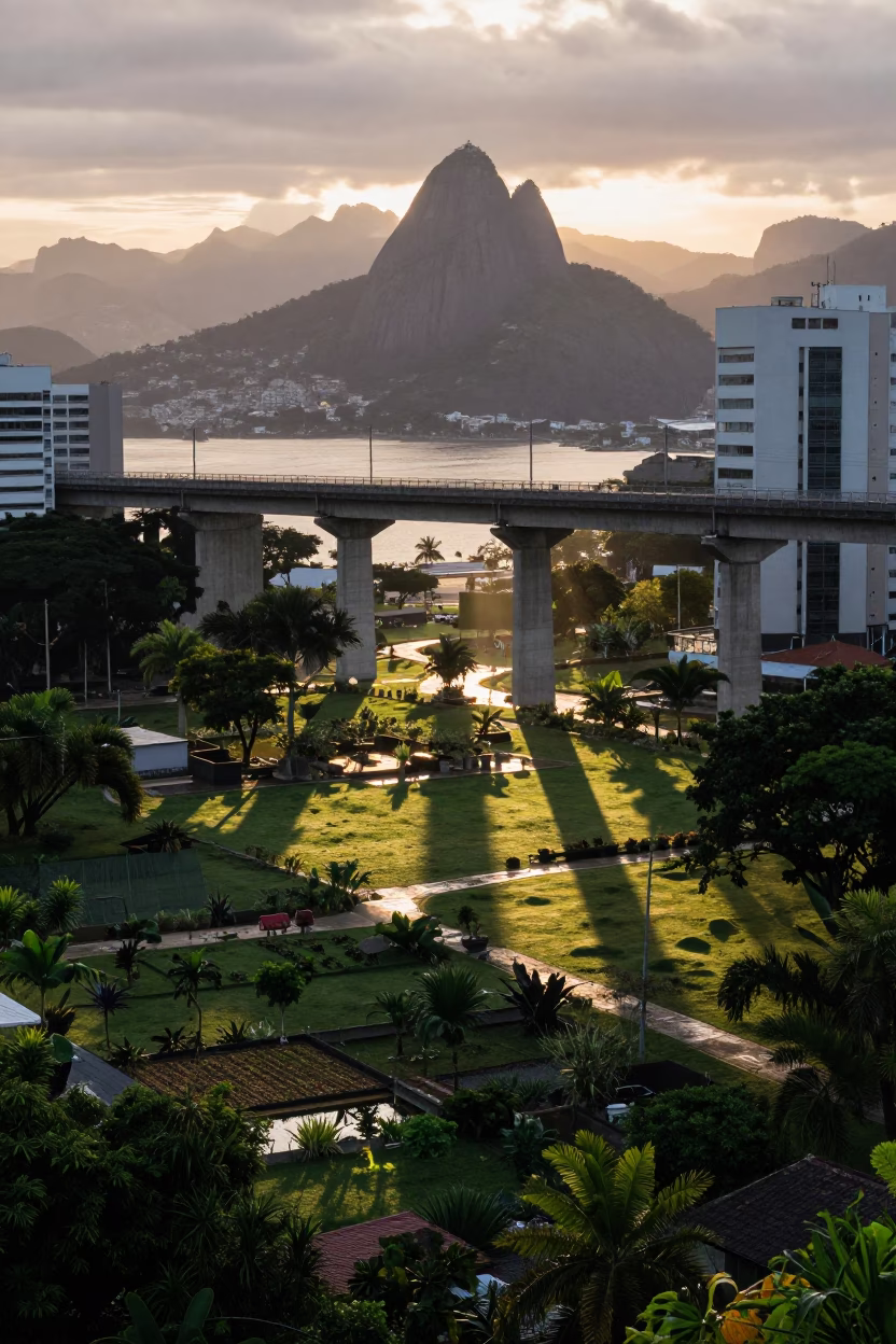 Rio de Janeiro Dawn Viaduct Shadow Over Allotment Gardens After Rain in in Rio de Janeiro, Brazil