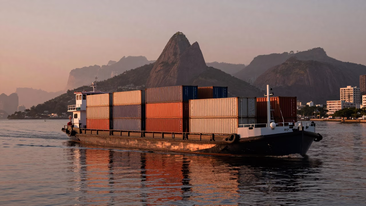 Rio de Janeiro Dusk Canal Barge Cargo Waterfront Copper Light in in Rio de Janeiro, Brazil