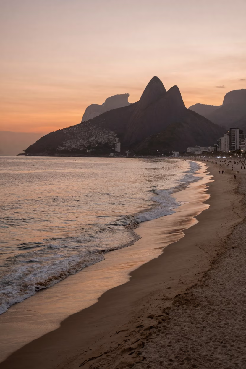 Rio de Janeiro Dusk Panorama Copacabana Beach and Atlantic Ocean Horizon in in Rio de Janeiro, Brazil