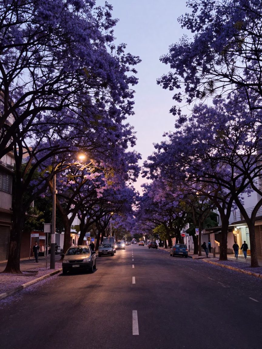 Rio de Janeiro Early Evening Jacaranda Boulevard with Purple Bloom in in Rio de Janeiro, Brazil