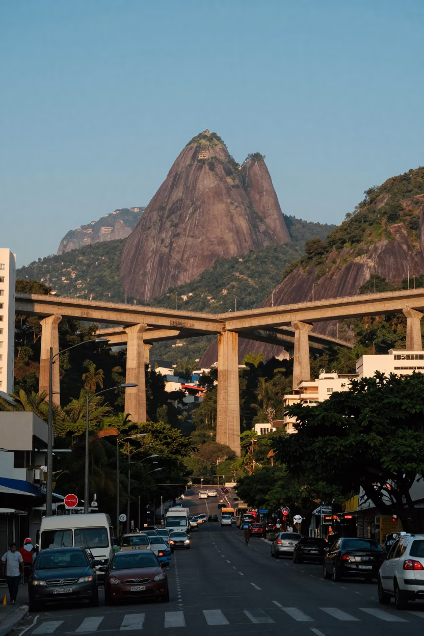 Rio de Janeiro Early Evening Street Scene with Concrete Viaduct and Local Vendors in in Rio de Janeiro, Brazil