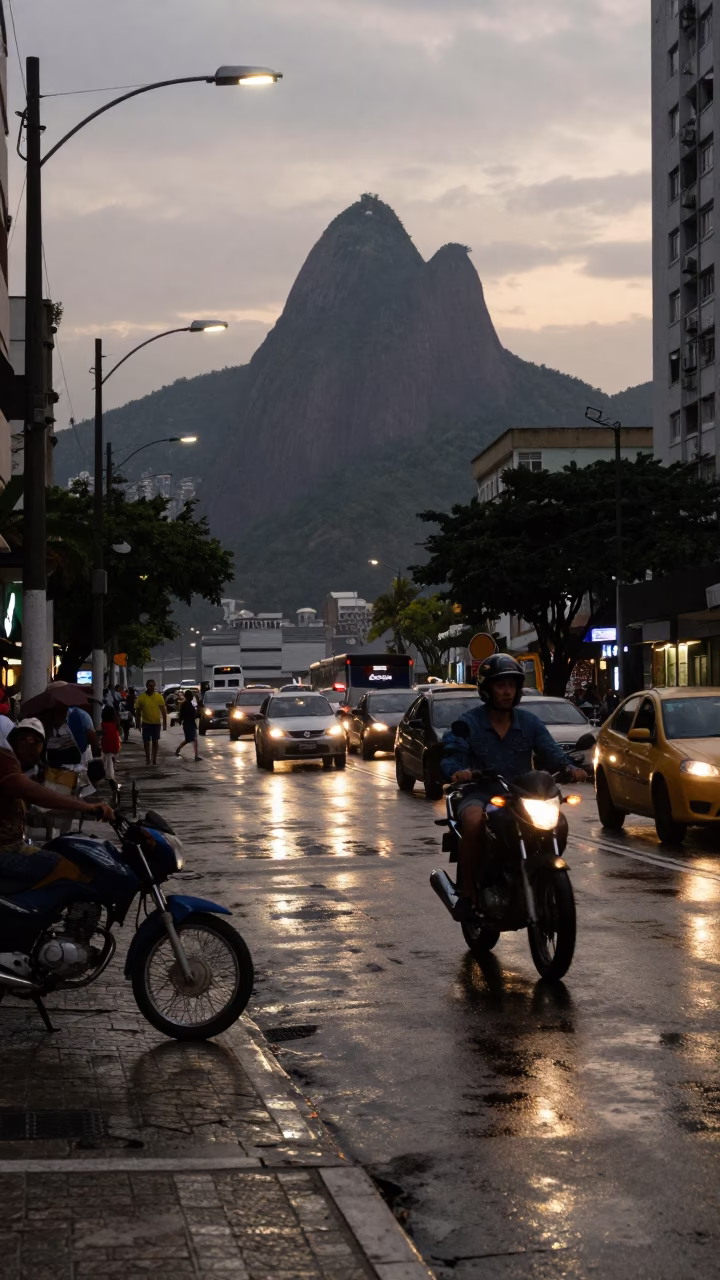 Rio de Janeiro Early Evening Street Scene with Motorcycle and Urban Architecture in in Rio de Janeiro, Brazil