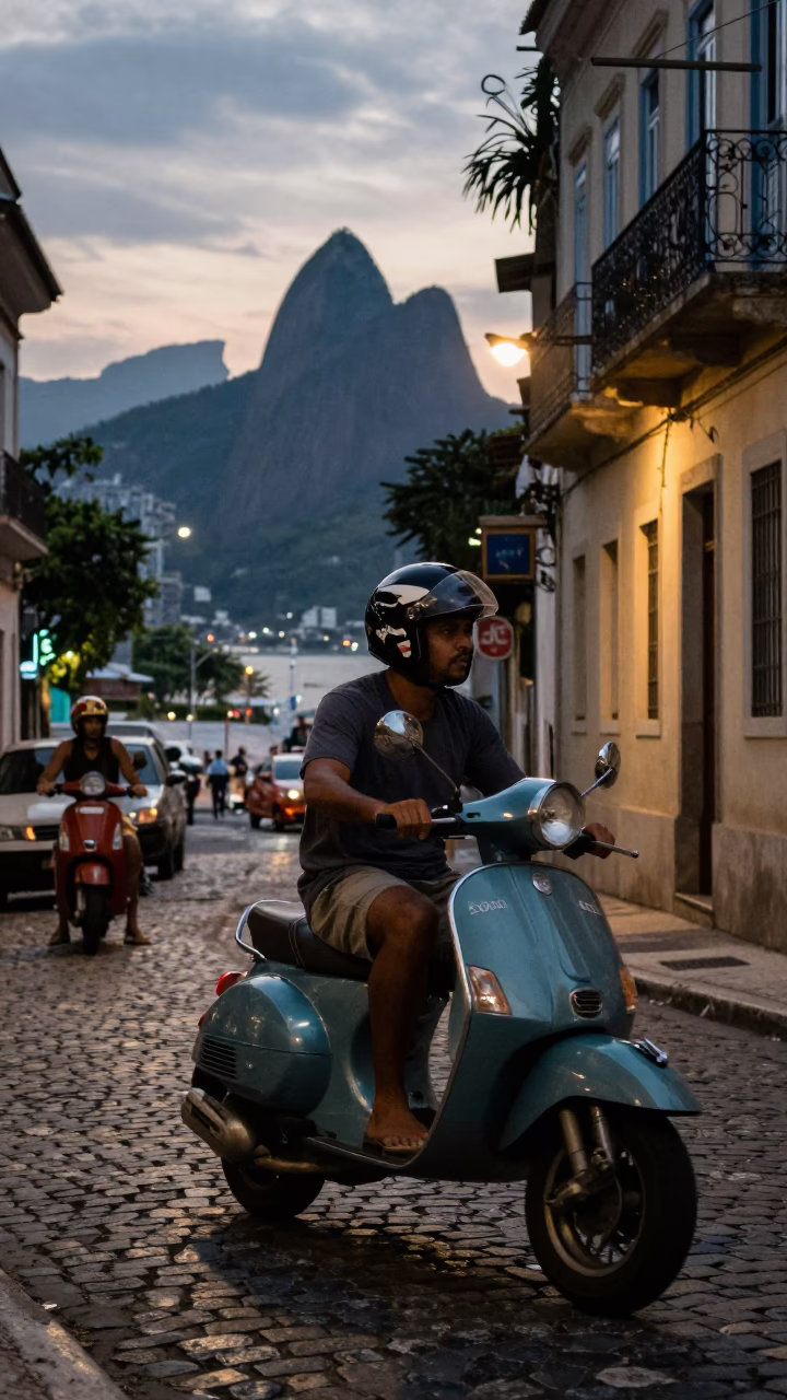 Rio de Janeiro Early Evening Street Scene with Vintage Scooter and Cobblestone Path in in Rio de Janeiro, Brazil
