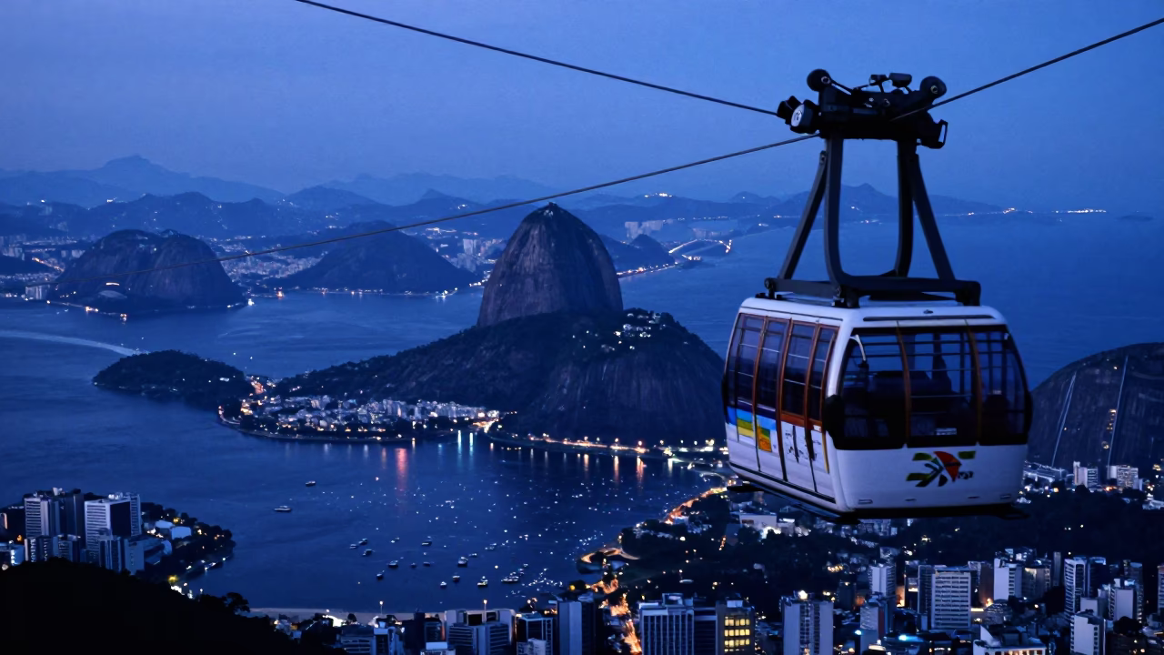Rio de Janeiro evening blue hour cable car crossing deep valley with city lights in in Rio de Janeiro, Brazil
