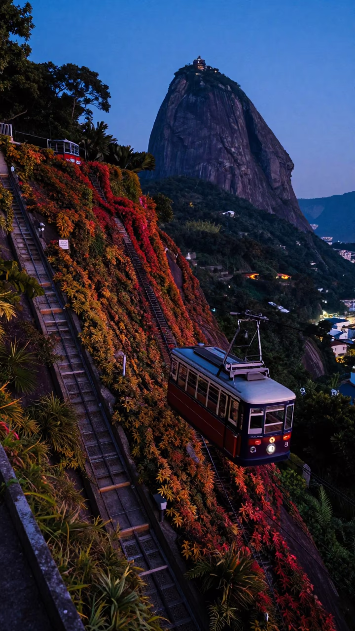 Rio de Janeiro Evening Blue Hour Funicular Ascending Hillside with Autumn Vines in in Rio de Janeiro, Brazil