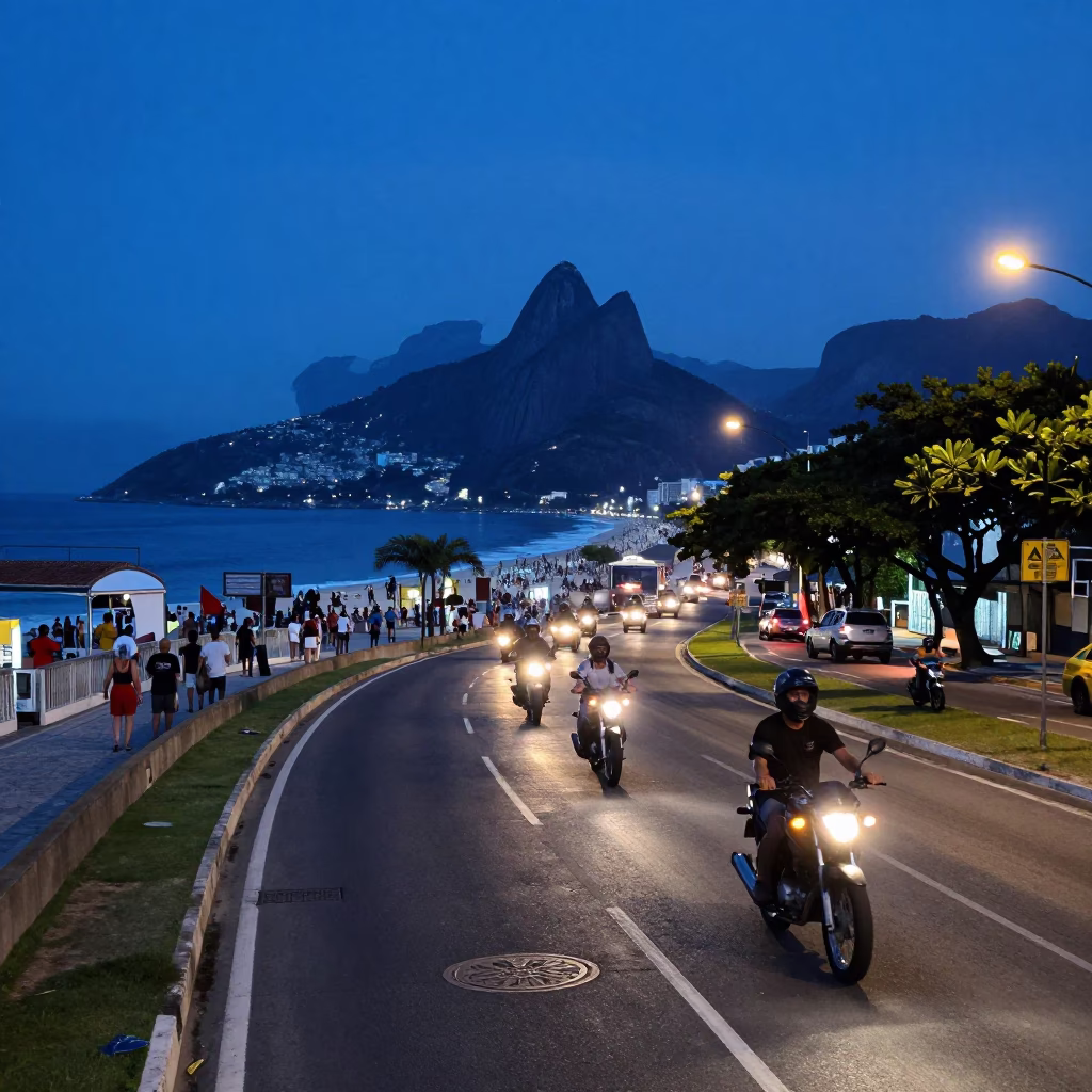 Rio de Janeiro Evening Blue Hour Street Scene with Motorcycle Convoy and Local Life in in Rio de Janeiro, Brazil
