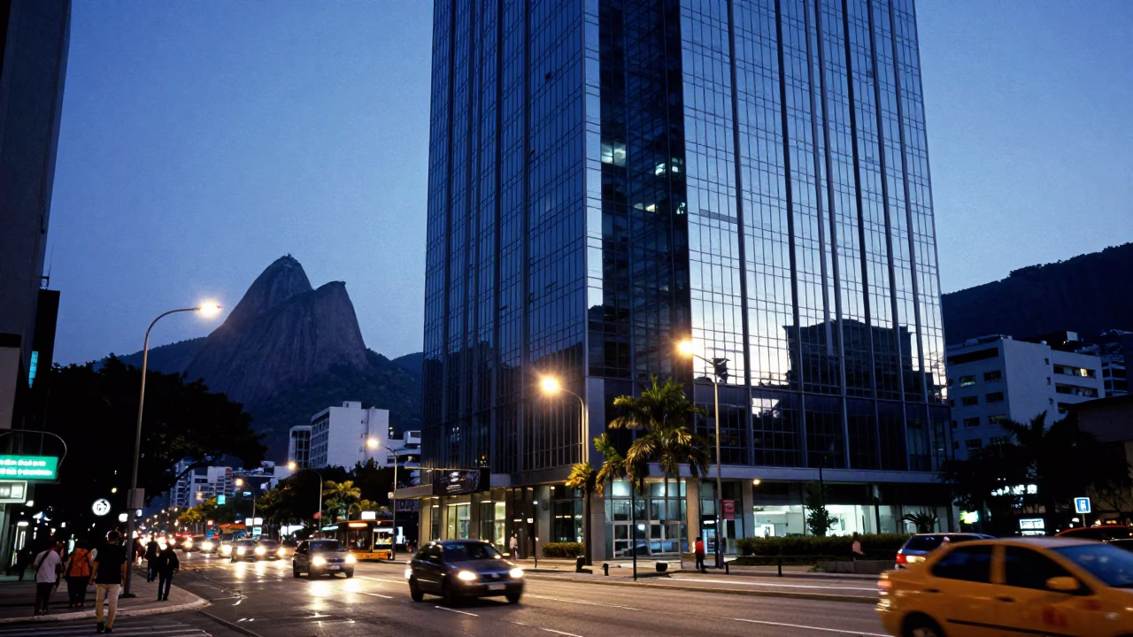 Rio de Janeiro Evening Blue Hour Street Scene with Reflective Glass and Rusty Hinges in in Rio de Janeiro, Brazil
