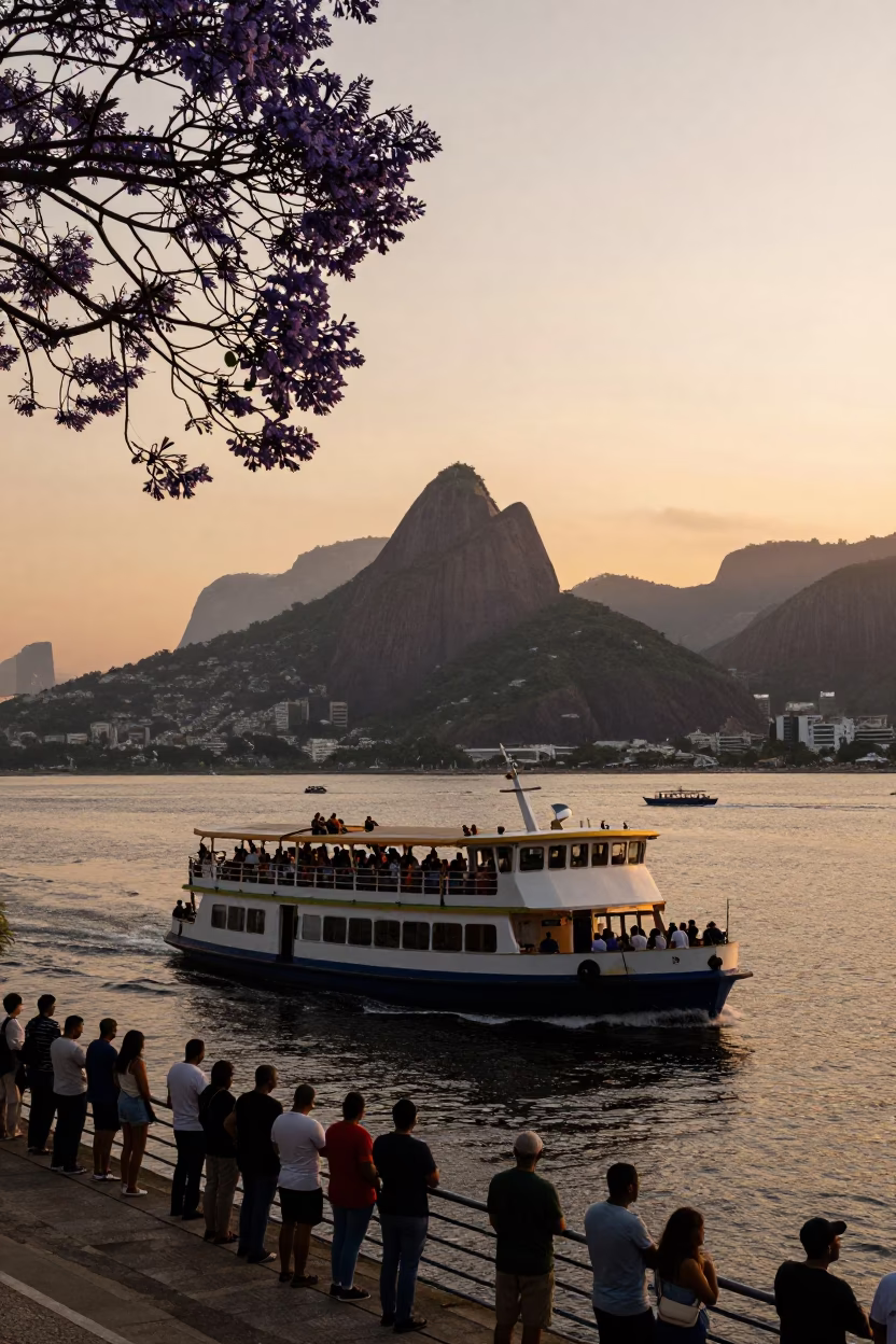Rio de Janeiro Evening Ferry Crossing with Jacaranda Bloom and Tropical Sky in in Rio de Janeiro, Brazil