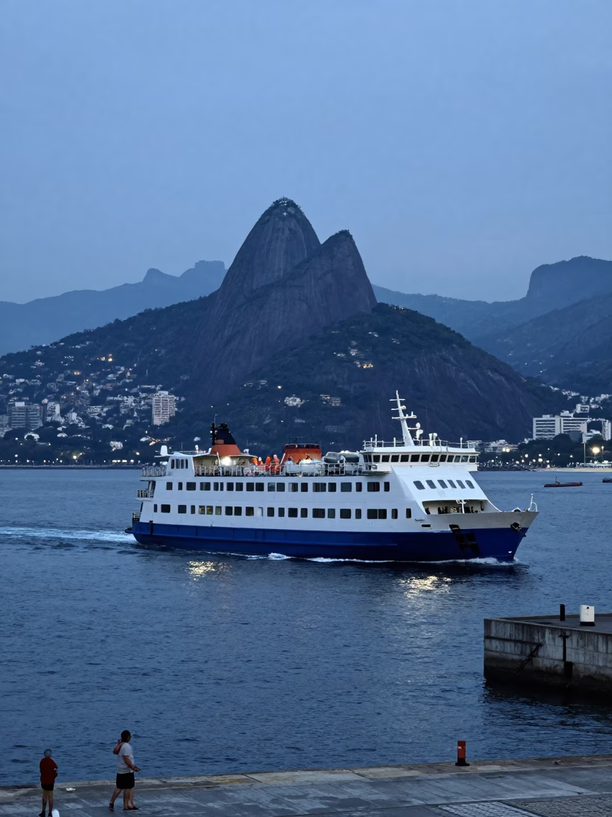 Rio de Janeiro Evening Ferry Departure with Coastal Mountains and Urban Horizon in in Rio de Janeiro, Brazil