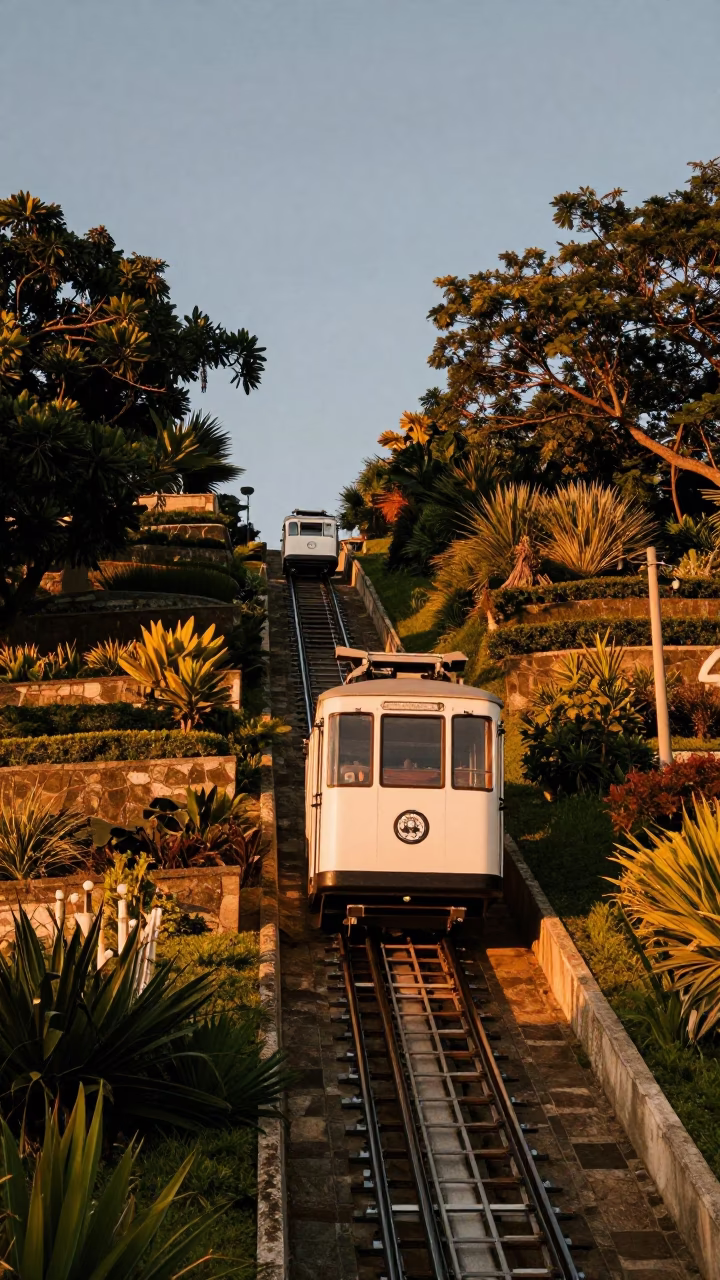 Rio de Janeiro evening light funicular rising through terraced gardens with açaí palm in in Rio de Janeiro, Brazil