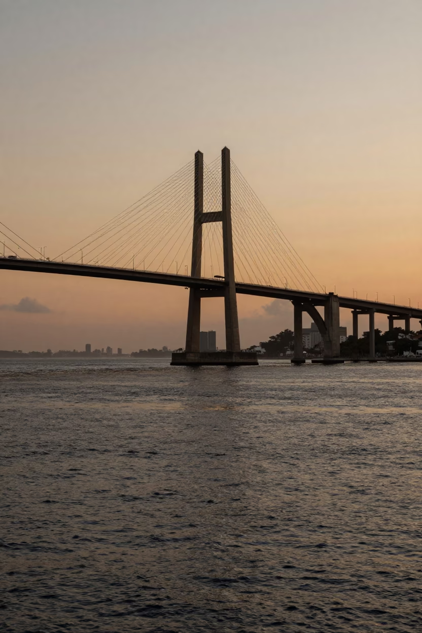 Rio de Janeiro Evening Light on Historic Bridge and Harbor Water in in Rio de Janeiro, Brazil