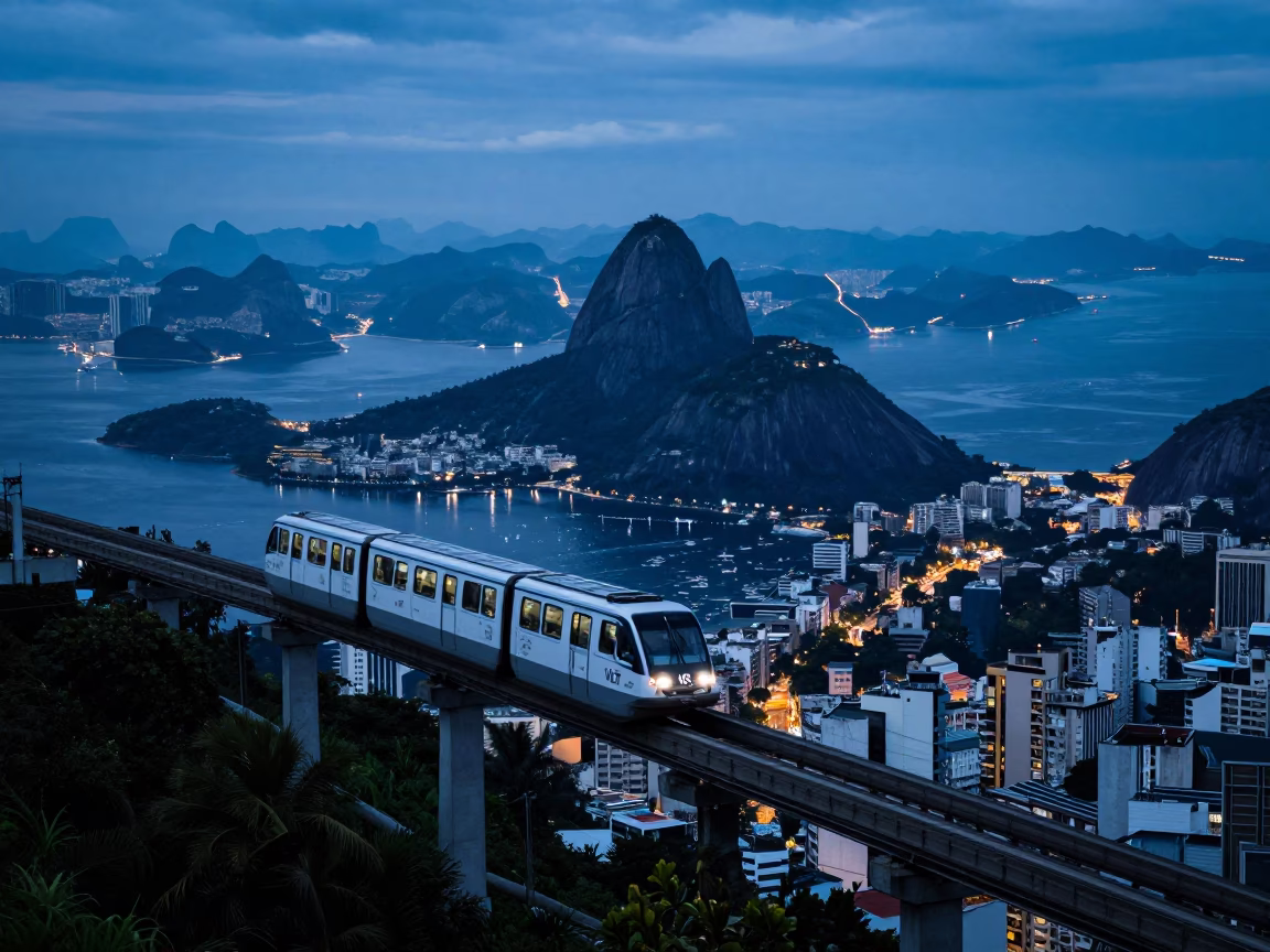 Rio de Janeiro Evening Monorail Overlooking Coastal Streets in Blue Hour in in Rio de Janeiro, Brazil