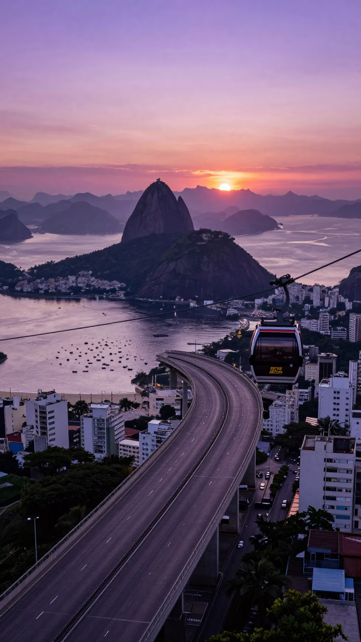 Rio de Janeiro Evening Overpass and Aerial Tramway Against Violet Sunset Sky in in Rio de Janeiro, Brazil