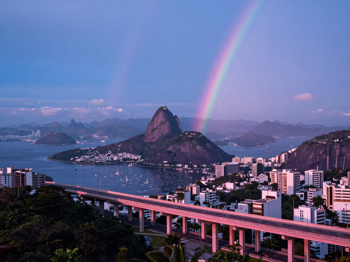 Rio de Janeiro Evening Skyline with Highway Flyover Stack and Rainbow Eucalyptus Trees in in Rio de Janeiro, Brazil