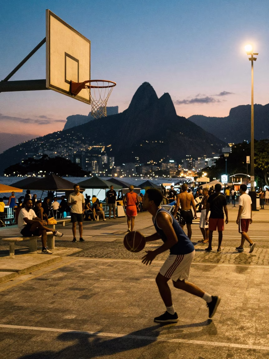 Rio de Janeiro evening street scene with basketball and city lights glowing in in Rio de Janeiro, Brazil