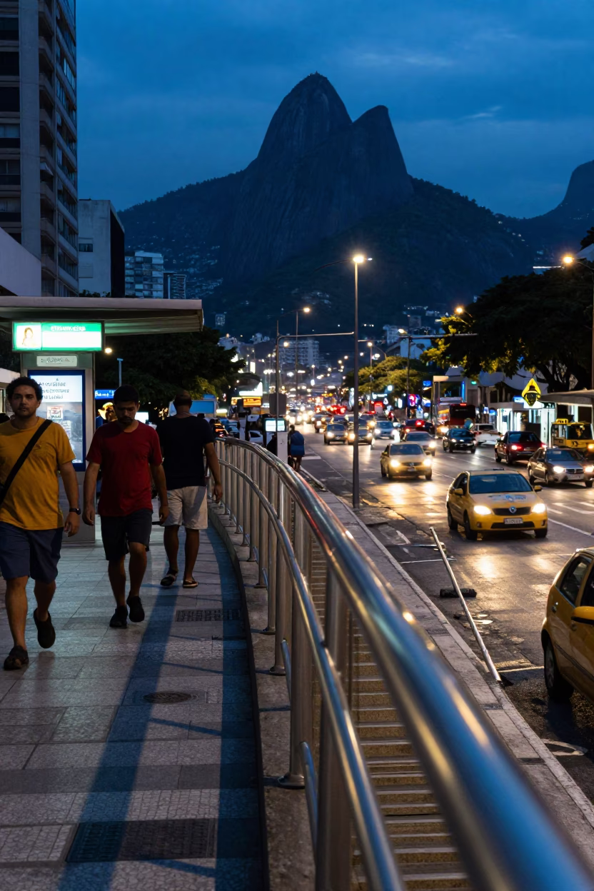 Rio de Janeiro Evening Street Scene with Brushed Steel Rail and Metro Train in in Rio de Janeiro, Brazil