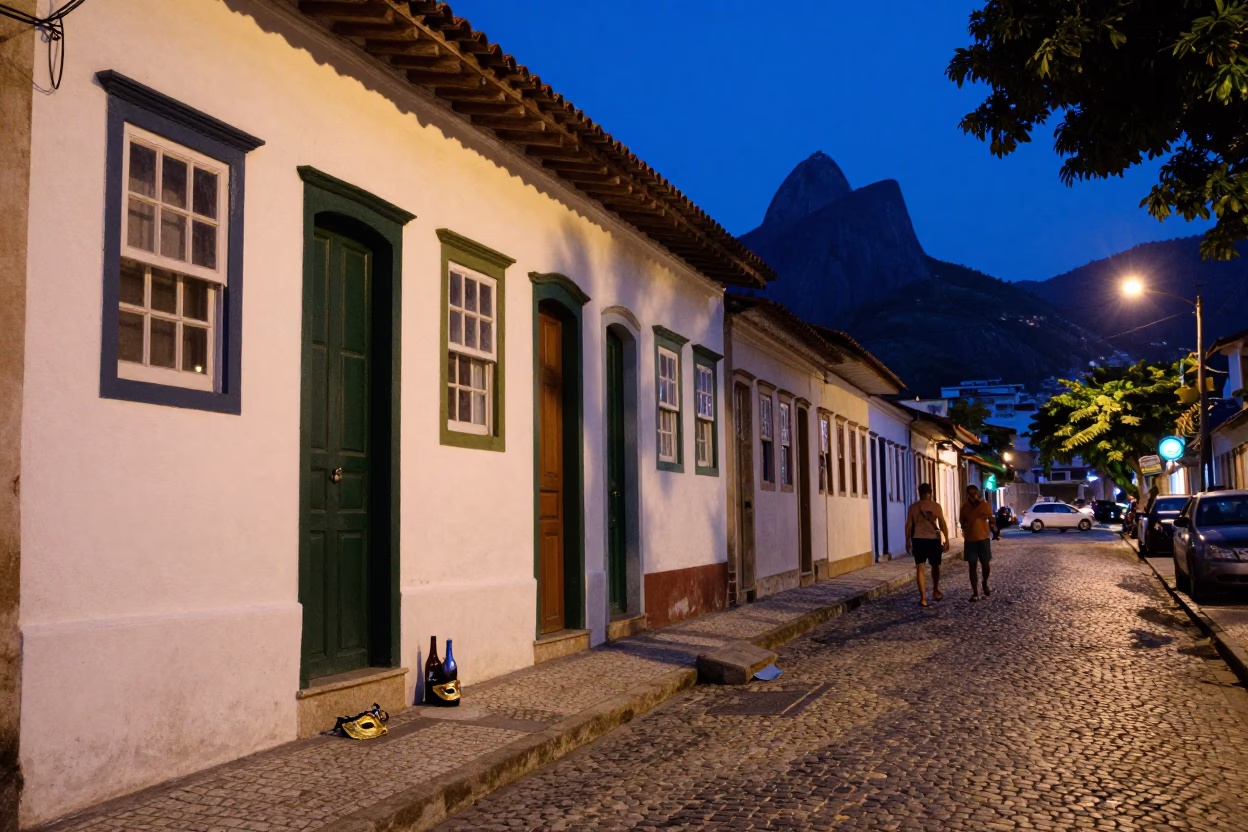 Rio de Janeiro Evening Street Scene with Carnival Mask and Bottle Caddy in in Rio de Janeiro, Brazil