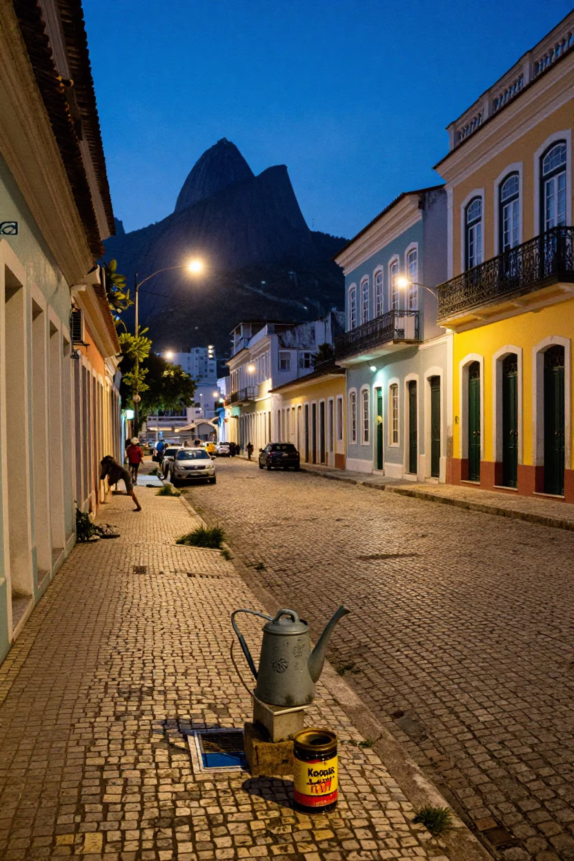 Rio de Janeiro evening street scene with coffee tin and watering jug in in Rio de Janeiro, Brazil