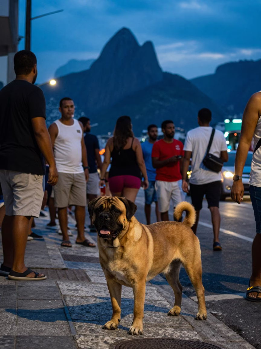 Rio de Janeiro Evening Street Scene with Dogue de Bordeaux and Local Market Activity in in Rio de Janeiro, Brazil