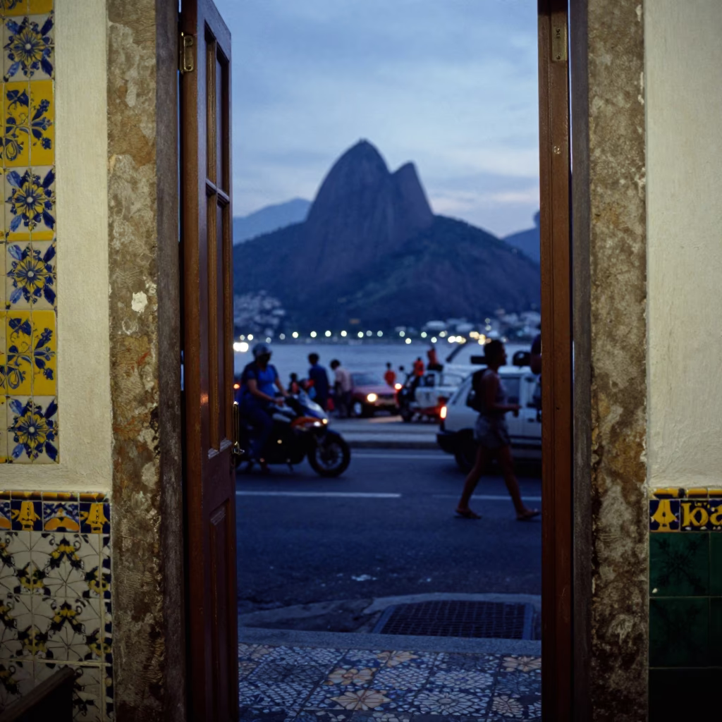 Rio de Janeiro Evening Street Scene with Doorframe and Majolica Details in in Rio de Janeiro, Brazil
