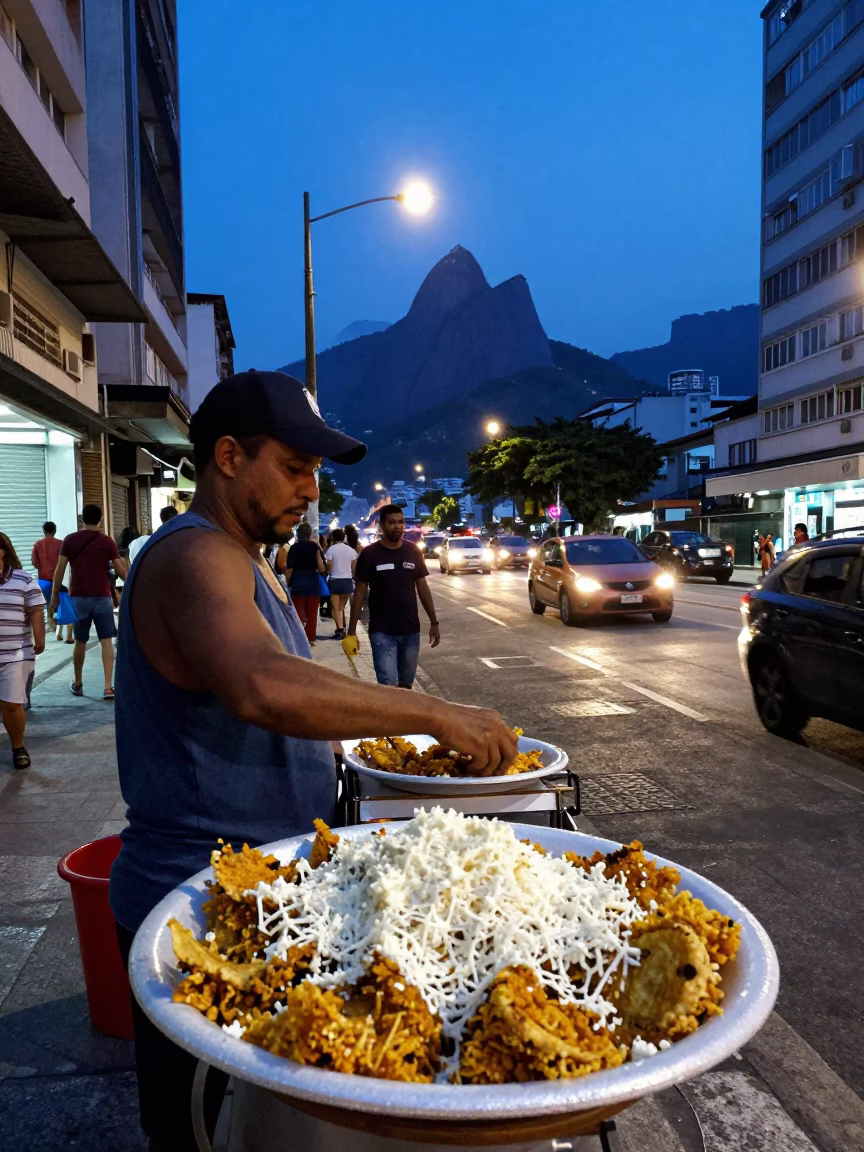 Rio de Janeiro Evening Street Scene with Elote Vendor and Urban Life in in Rio de Janeiro, Brazil