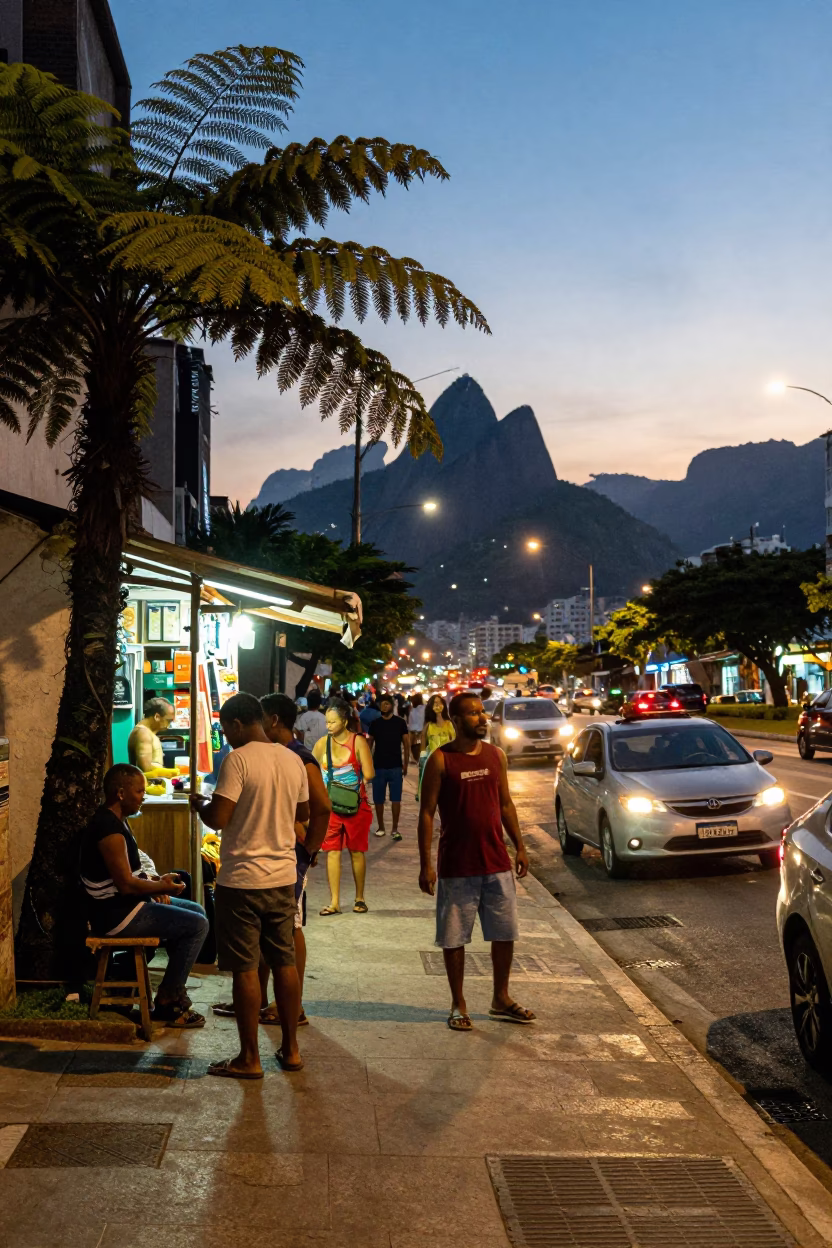 Rio de Janeiro Evening Street Scene with Ferns and City Lights in in Rio de Janeiro, Brazil
