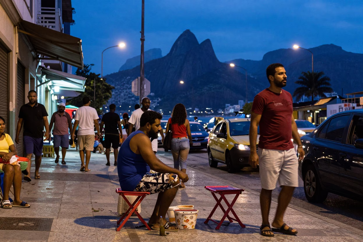Rio de Janeiro Evening Street Scene with Folding Stools and Local Interaction in in Rio de Janeiro, Brazil