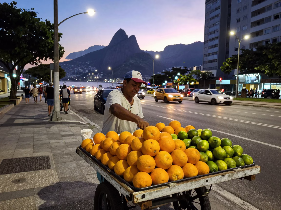 Rio de Janeiro Evening Street Scene with Fruit Vendor and City Lights in in Rio de Janeiro, Brazil