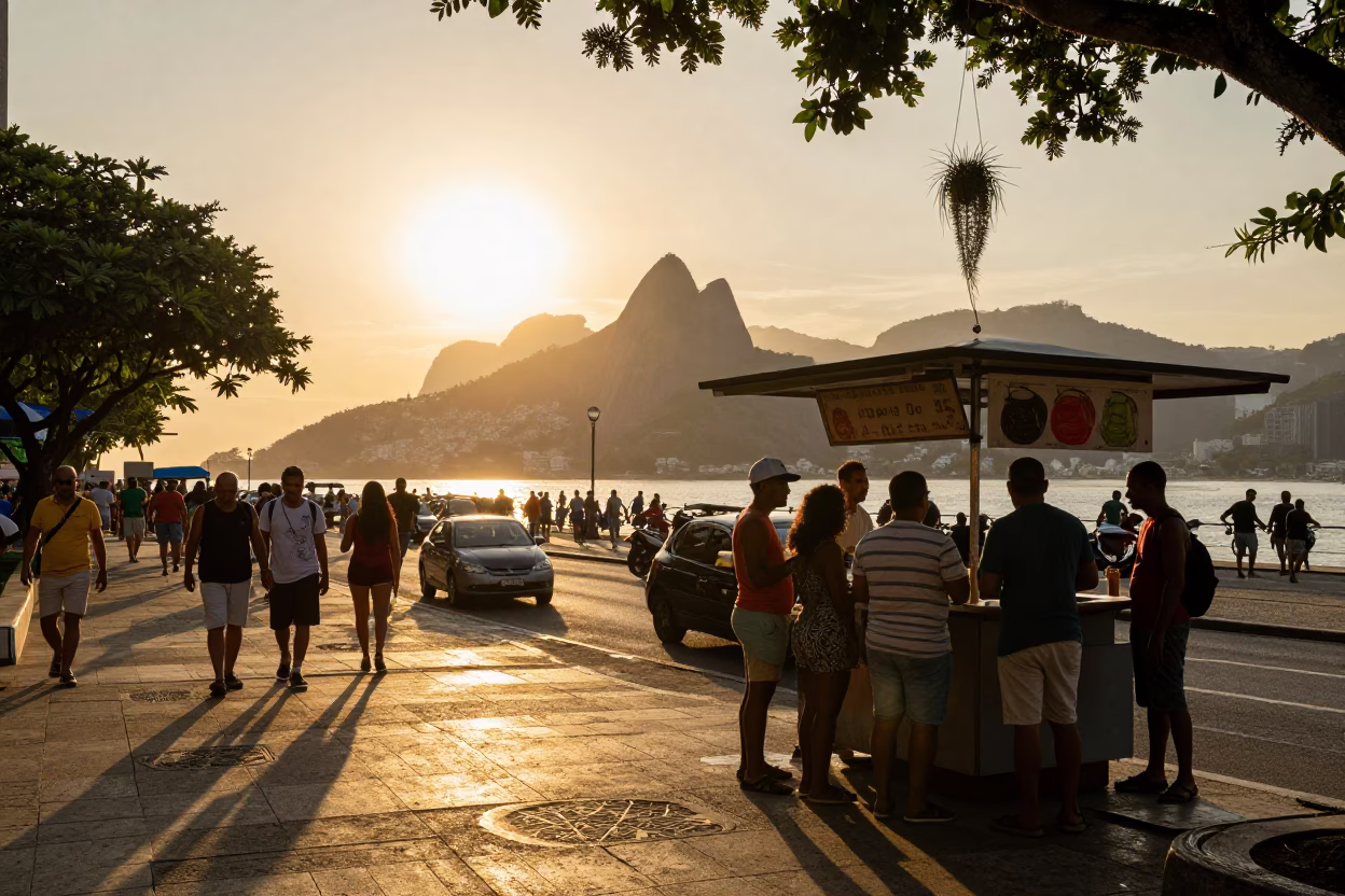 Rio de Janeiro Evening Street Scene with Hanging Air Plant and Lush Leaf Shadows in in Rio de Janeiro, Brazil