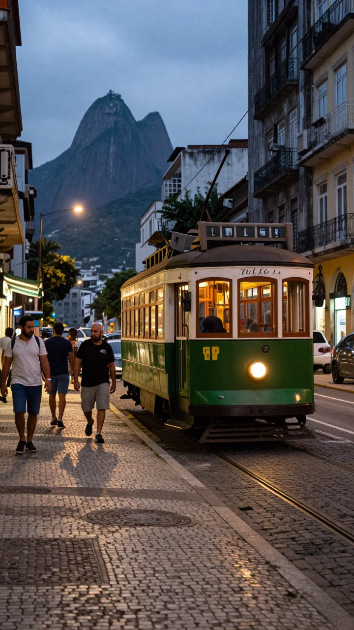 Rio de Janeiro Evening Street Scene with Heritage Tram and Local Life in in Rio de Janeiro, Brazil