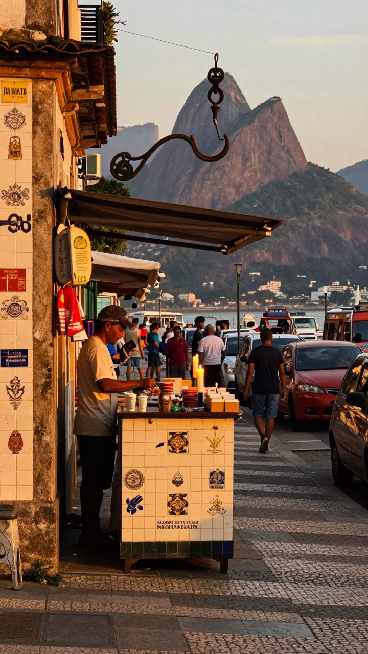 Rio de Janeiro Evening Street Scene with Iron Hook and Candle Holder in in Rio de Janeiro, Brazil