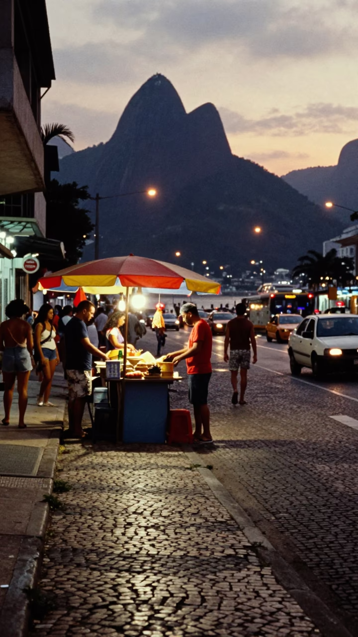 Rio de Janeiro Evening Street Scene with Local Food Vendor and Cobblestone Sidewalk in in Rio de Janeiro, Brazil