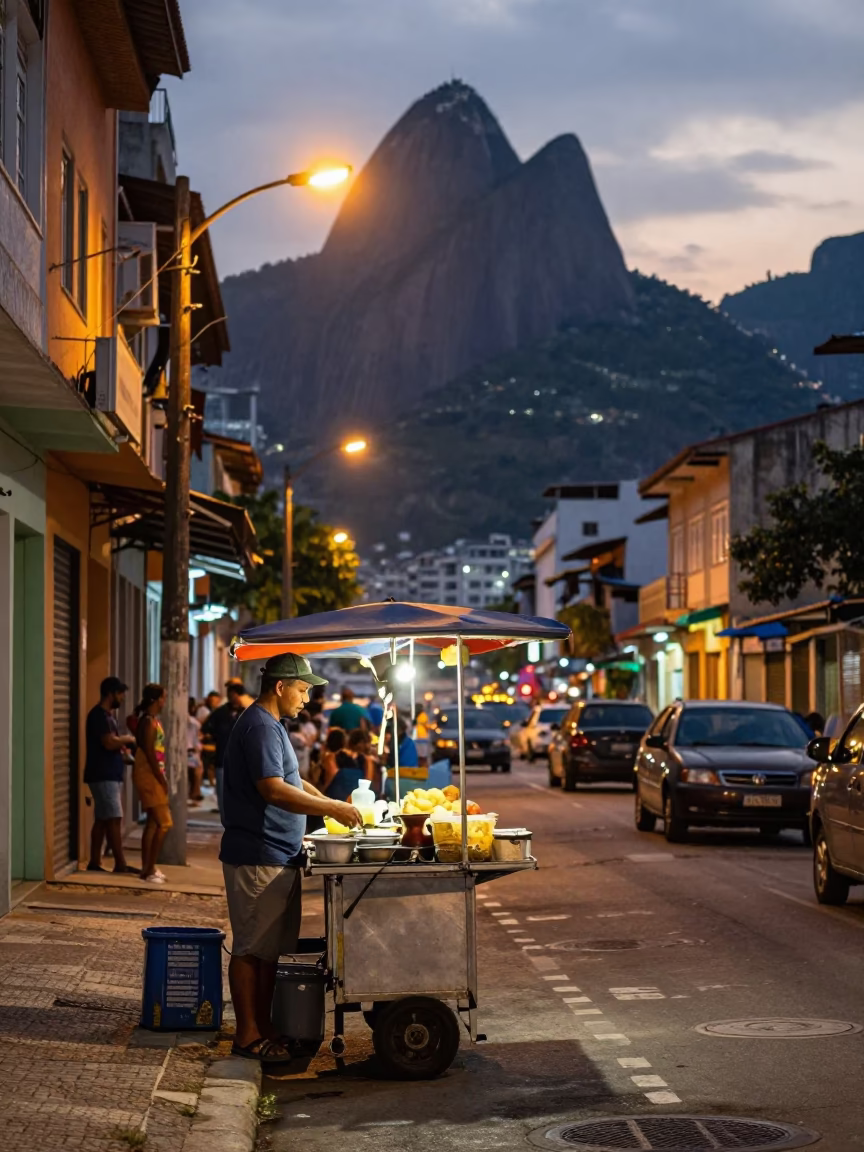 Rio de Janeiro Evening Street Scene with Local Street Food Vendor and Colorful Architecture in in Rio de Janeiro, Brazil