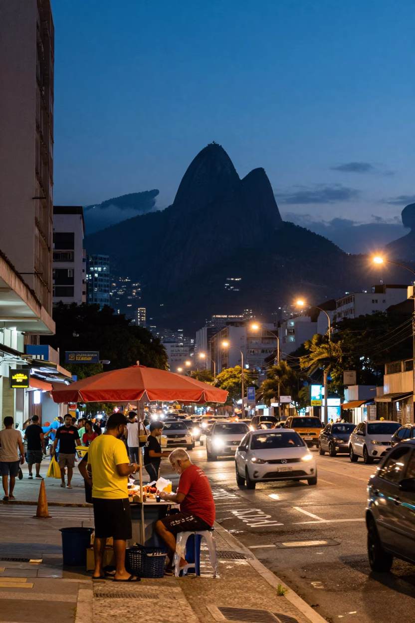 Rio de Janeiro Evening Street Scene with Local Street Vendor and Pedestrians in in Rio de Janeiro, Brazil