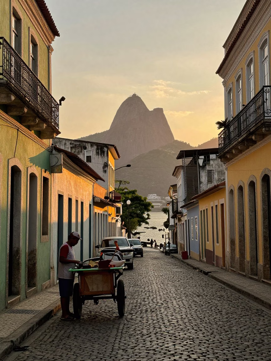 Rio de Janeiro Evening Street Scene with Local Vendor and Hanging Fruit in in Rio de Janeiro, Brazil