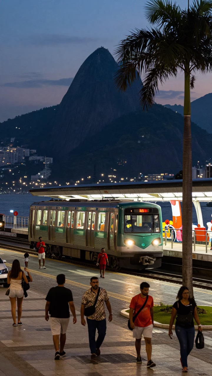 Rio de Janeiro Evening Street Scene with Metro Train and Kapok Tree in in Rio de Janeiro, Brazil