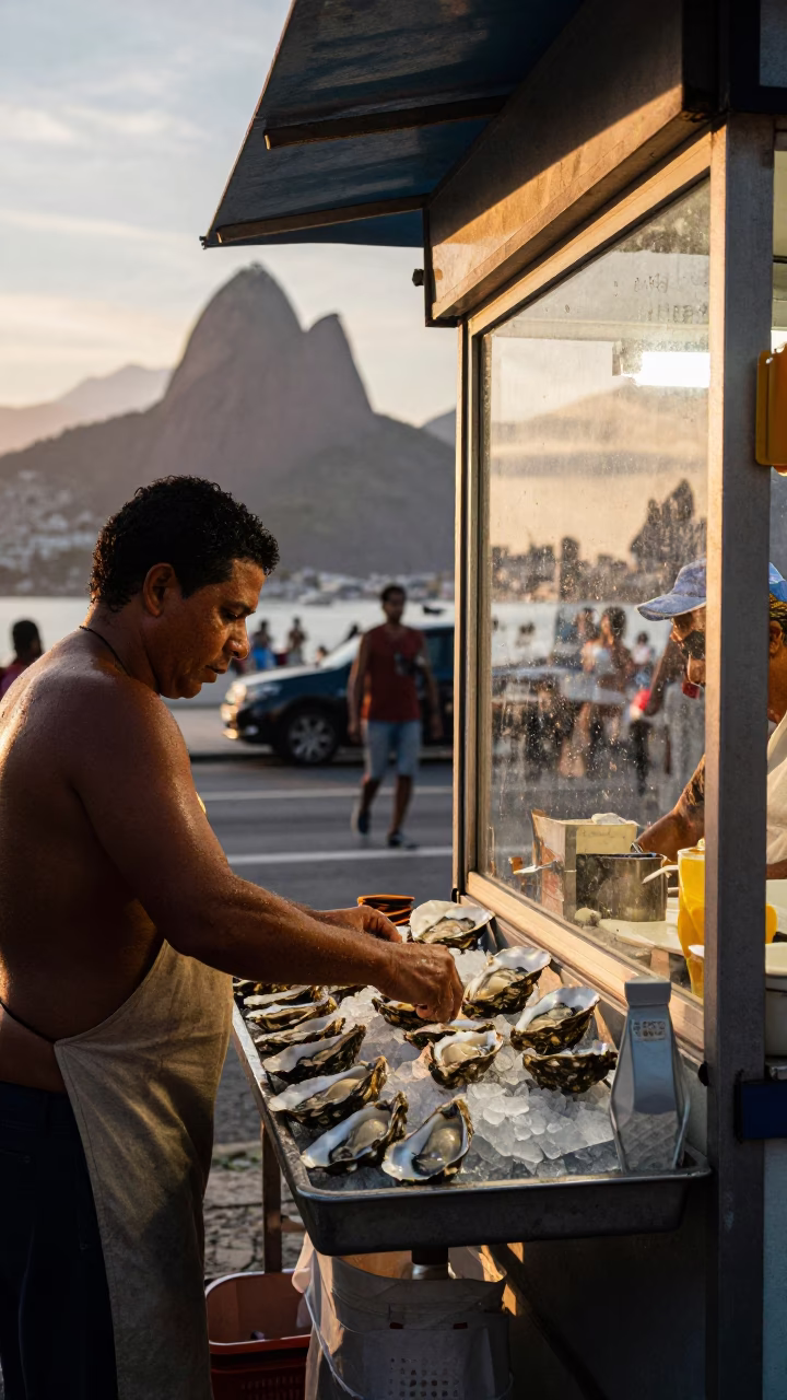 Rio de Janeiro evening street scene with oysters and glass window reflection in in Rio de Janeiro, Brazil