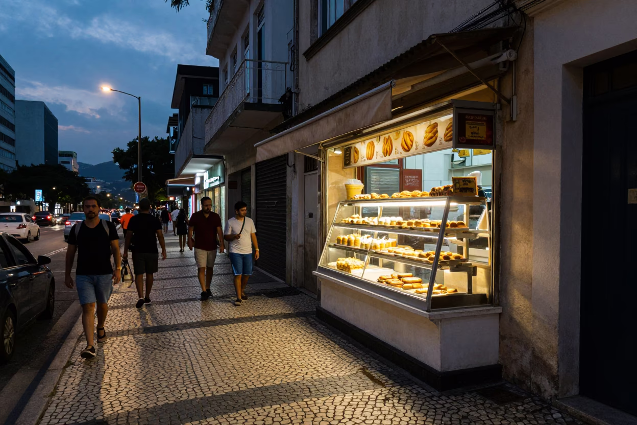 Rio de Janeiro Evening Street Scene with Pastries and Urban Architecture in in Rio de Janeiro, Brazil