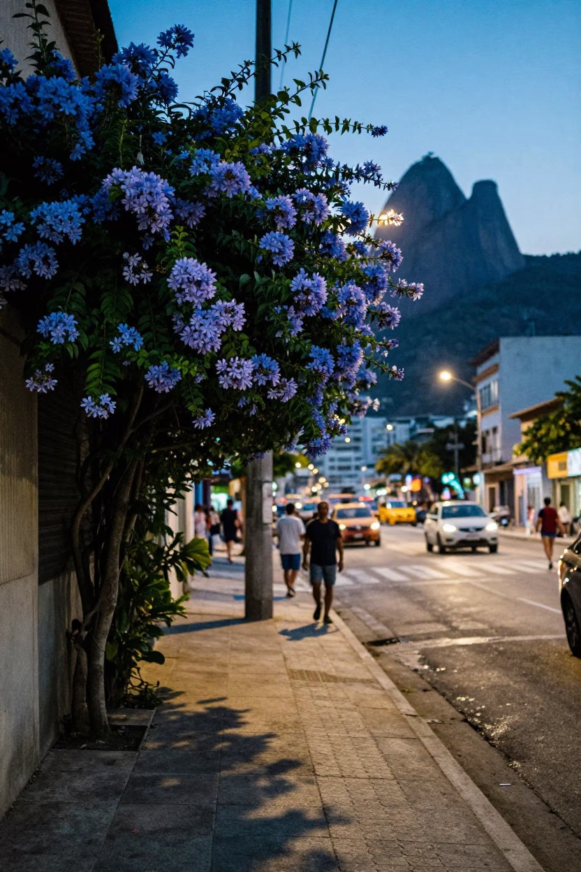 Rio de Janeiro Evening Street Scene with Plumbago Hedge and Local Market Activity in in Rio de Janeiro, Brazil