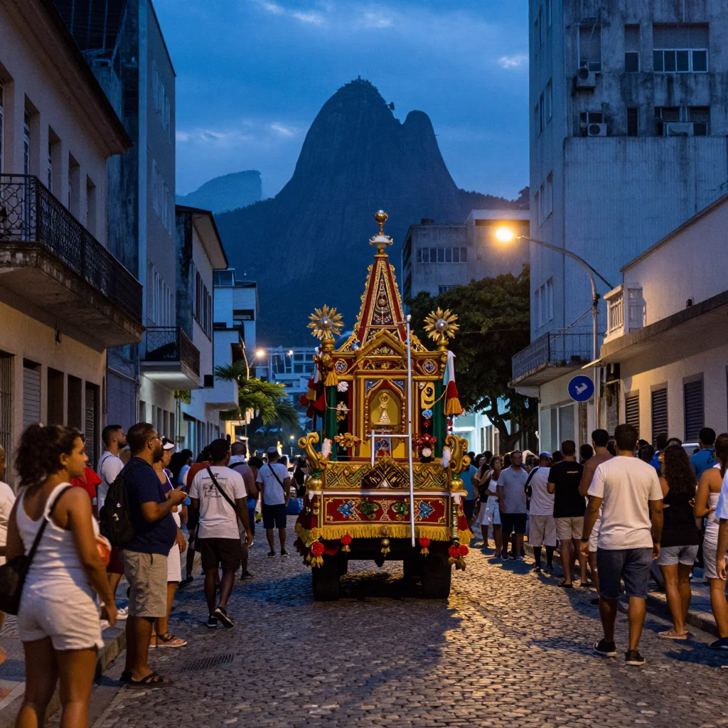 Rio de Janeiro Evening Street Scene with Processional Float and Ladder Shadow in in Rio de Janeiro, Brazil