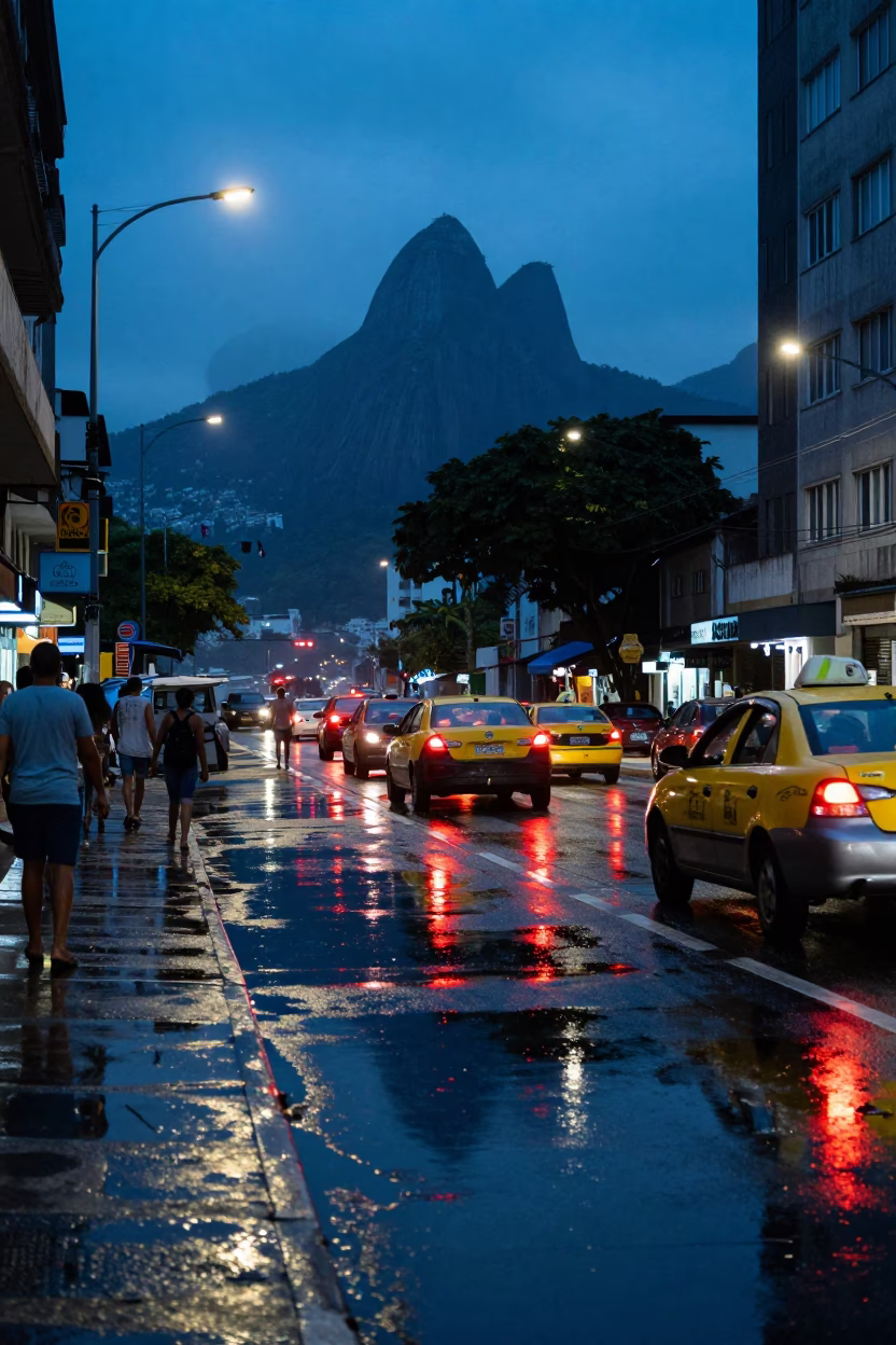 Rio de Janeiro Evening Street Scene with Puddle Reflections and Laundry in in Rio de Janeiro, Brazil