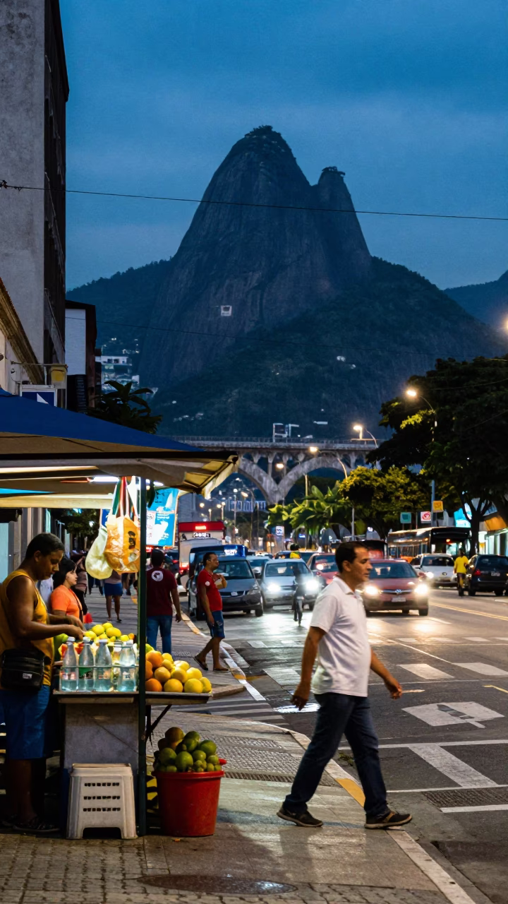 Rio de Janeiro Evening Street Scene with Railway Viaduct and Passerby in in Rio de Janeiro, Brazil