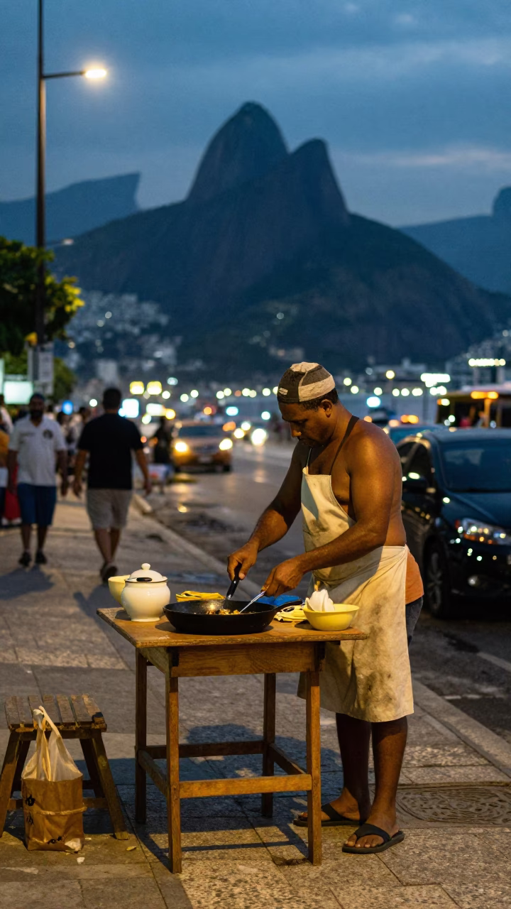 Rio de Janeiro Evening Street Scene with Skillet and Sugar Bowl in in Rio de Janeiro, Brazil