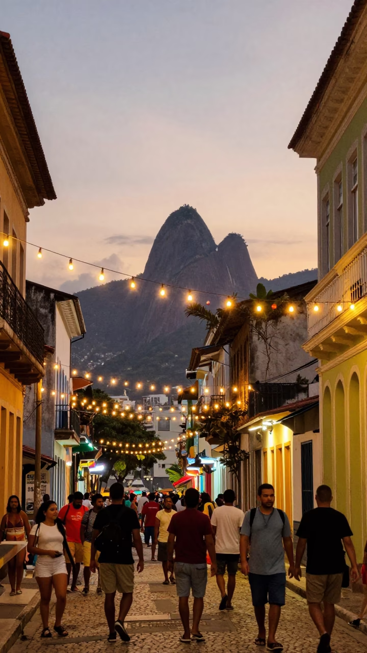 Rio de Janeiro Evening Street Scene with String Lights and Local Life in in Rio de Janeiro, Brazil