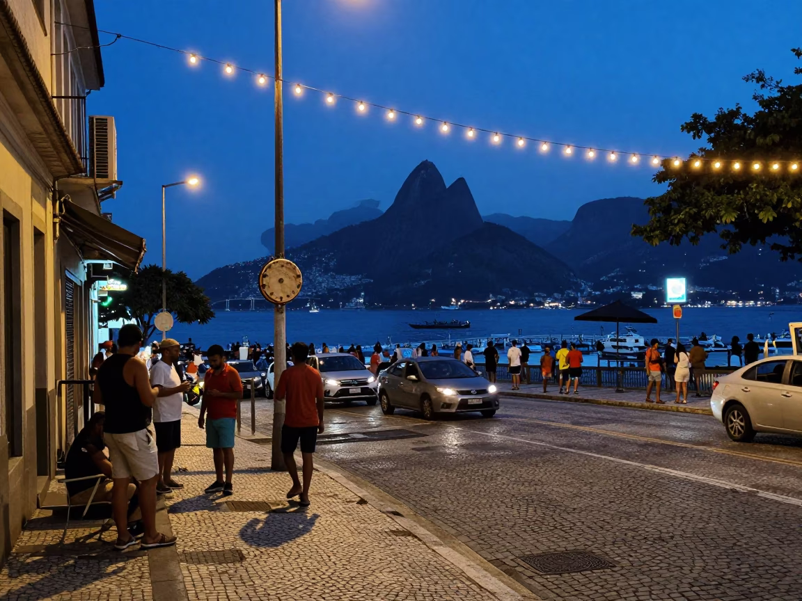 Rio de Janeiro Evening Street Scene with String Lights and Tambourine in in Rio de Janeiro, Brazil